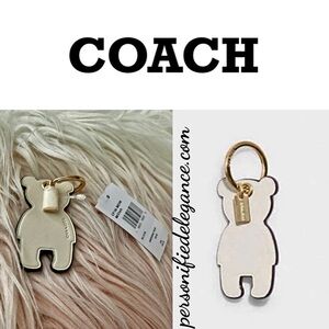NEW Coach Smooth Leather Chalk Gold Bear Purse Bag Charm Keychain Key Fob RARE